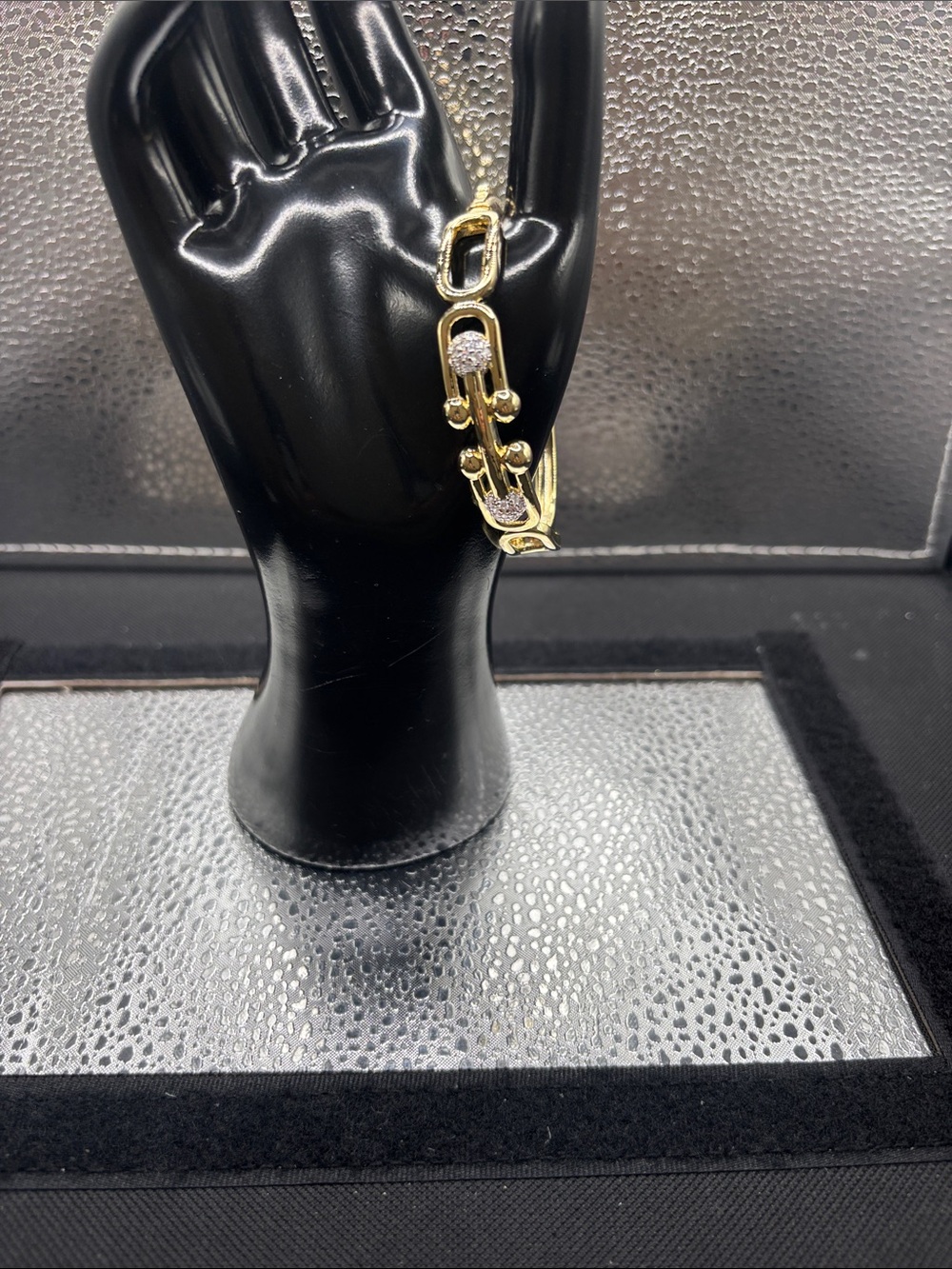 Elegant Gold-Tone Link Bracelet with Pave Accents